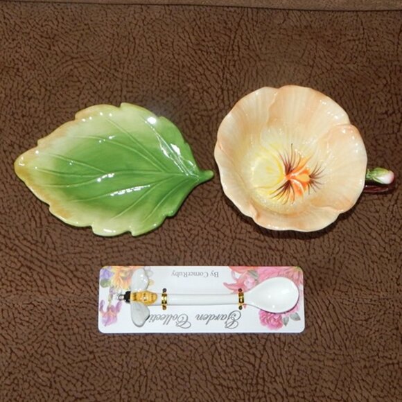 Corner Ruby Garden Collection Gold Sand Flower Teacup Leaf Saucer & Spoon New - Picture 9 of 12